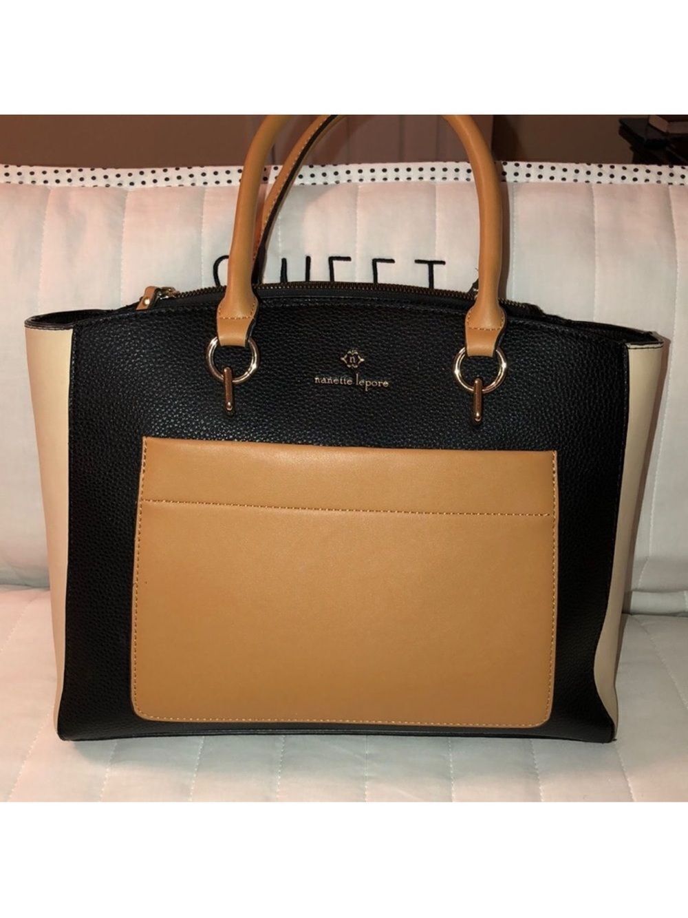 nanette lepore Darryl Color Block Black Camel Ivory Faux Leather Satchel